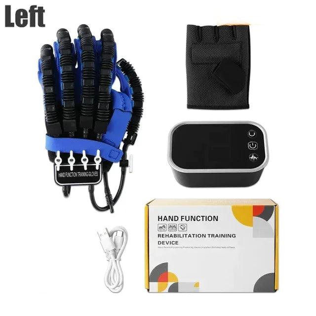 Black and blue robotic rehab gloves with smart control unit for finger mobility exercises
